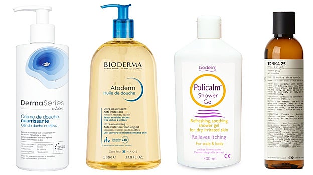 De izquierda a derecha: Gel de ducha nutritivo DermaSeries (9,99 €); Atoderm Huile de douche de Bioderma (16,95 €); Policalm Shower Gel Olyan farma (20 €); Gel de ducha Tonka 25 de Le Labo (55 €).