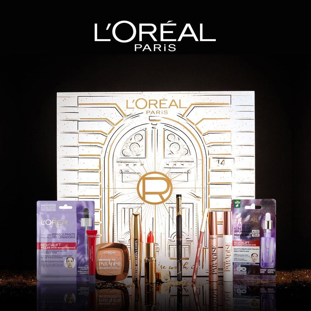 Calendario de adviento de L'Oréal Paris (89 €). Sombras de ojo, pintalabios, polvos bronceadores, máscaras de pestañas, cremas faciales, champús y mucho más.