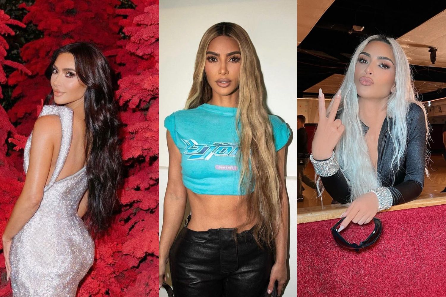 Kim Kardashian y sus numerosos cambios de color. La empresaria ha lucido un sinfín de colores de pelo. Esta navidad ha recuperado el color castaño. Antes había pasado por un rubio vainilla y antes lucía el rubio platino con las raíces oscuras.