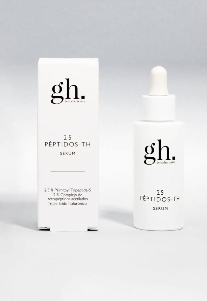 Sérum gh 25 Péptidos-TH de Gema Herrerías (39,90 €). Sérum firmeza y antiarrugas formulado con palmitoyl tripeptide-5, un complejo de tetrapéptidos acetilados y triple ácido hialurónico. Indicado para todas las pieles, incluso las sensibles, con flacidez y arrugas. Se debe usar mañana y/o noche sobre rostro y cuello.