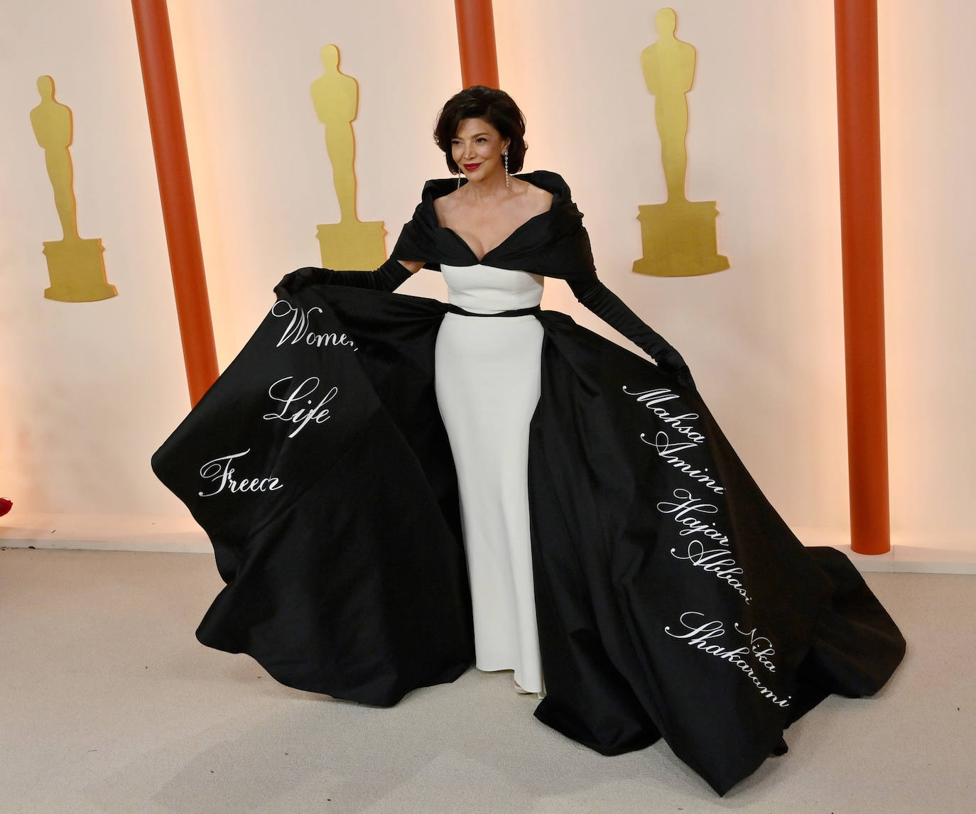 El vestido de la actriz iraní Shohreh Aghdashloo tenía mensajes de apoyo a las mujeres de su país. Fue diseñado por Christian Siriano.