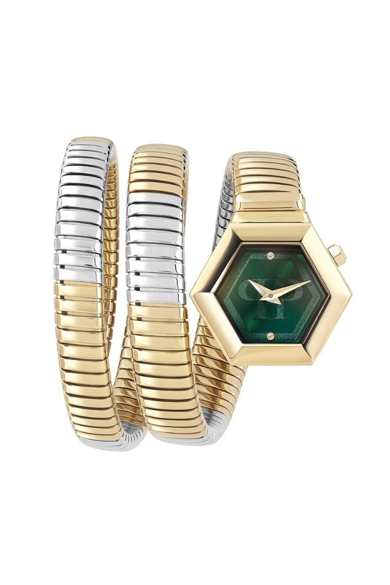 Reloj Snake Hexagon de Philipp Plein. Precio: 490€. Un diseño cuya caja está realizada en oro amarillo y que posee una pulsera que se entrelaza en la muñeca, destacándola al máximo. La esfera se presenta en tonos verdes con rayos solares. Un regalo que hará las delicias de las madres más exigentes.