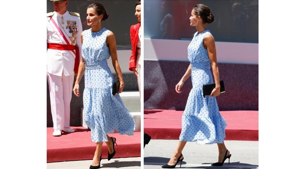 Doña Letizia con el mismo vestido de & Me Unlimited durante la pasada celebración del desfile de las Fuerzas Armadas de 2022