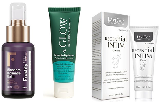 De izquierda a derecha: Bálsamo íntimo Blossom de Freshly Cosmetics con aloe vera, glicerina y extractos de plantas (29,95 euros); Gel íntimo hidratante Glow by Hormone University con ácido hialurónico, colágeno, aloe vera y vitamina E (30,50 euros, en farmacias y www.glowbotanica.es); Crema hidratante y reparadora Regenhial con ácido hialurónico puro, glicerina y arginina (22,30 euros).
