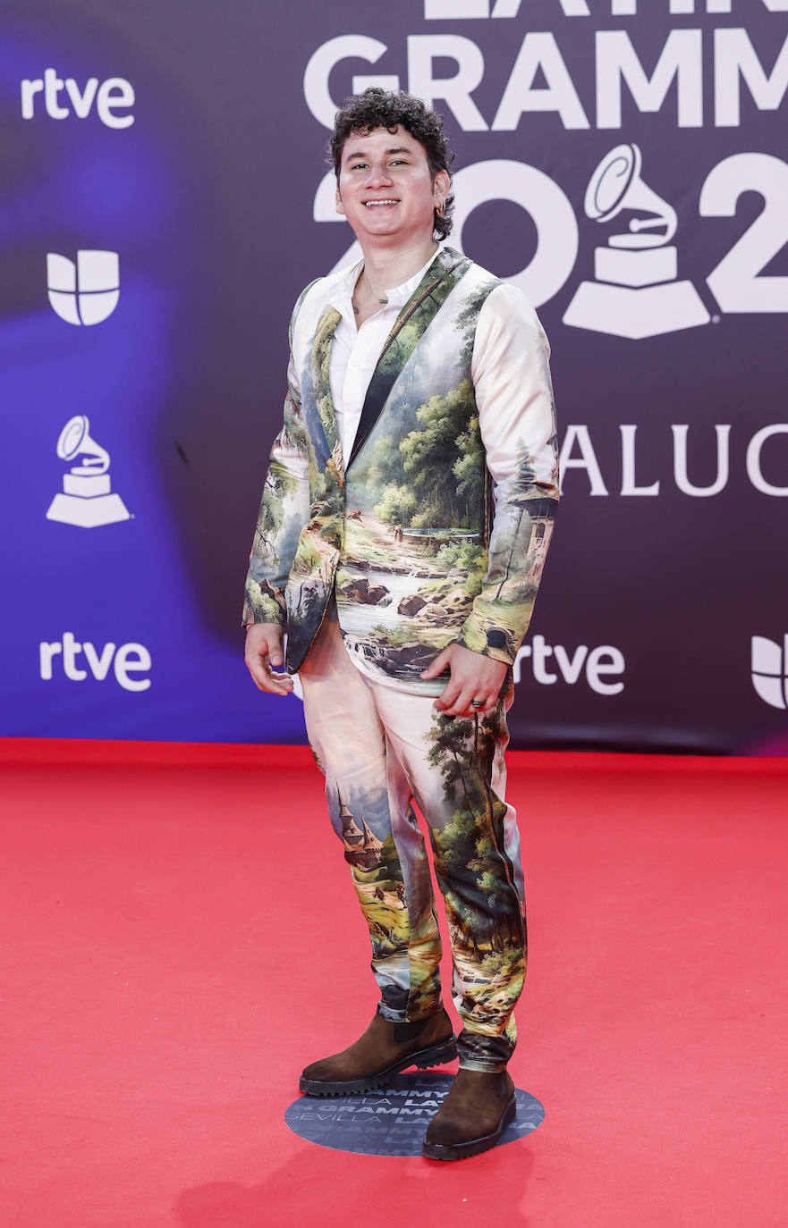 Otro de los looks más peculiares de la noche es este traje con un curioso estampado de un paisaje.