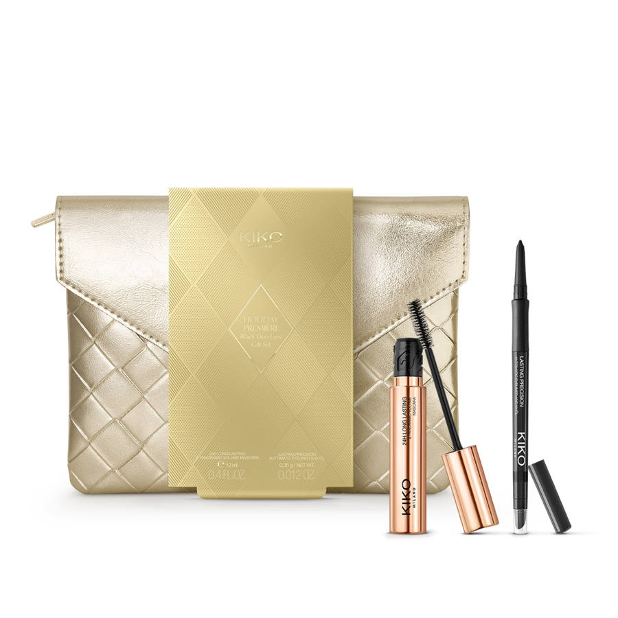 Holiday Première Black Duo Eyes Gift Set de Kiko Milano (16,99 euros). Kit de regalo compuesto por un neceser portamaquillajes acolchado de color dorado, la máscara de pestañas 24h Long Lasting & Panoramic Volume, y el eyeliner Lasting Precision Automatic Eyeliner and Khol.
