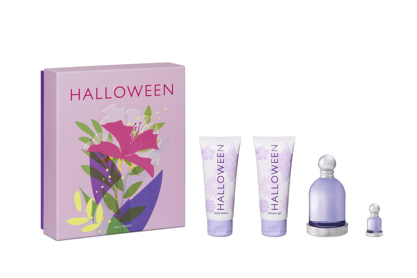 Set Halloween Eau de Toilette Magic Holidays. En una bonita caja que puedes reutilizar viene Halloween Eau de Toilette vapo de 100 ml, una réplica de 4,5 ml para llevar en el bolso, y la loción corporal y el gel de 100 ml cada uno.