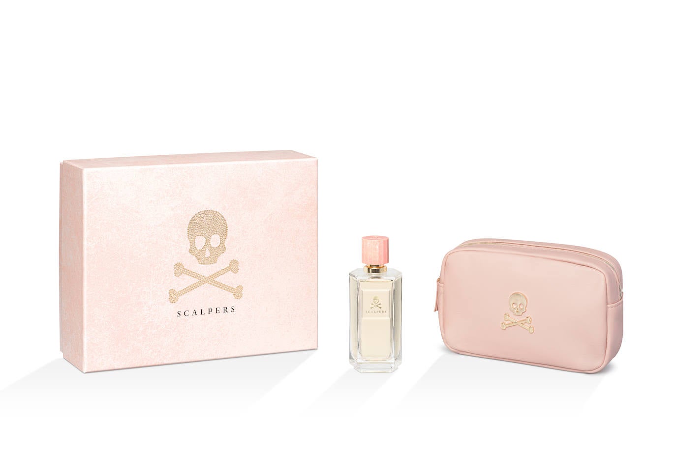 Set Scalpers Here (82 euros). Incluye el Eau de Parfum vapo de 100 ml, una fragancia floral-chipre, que es la primera femenina de la firma, y un neceser decorado con la mítica calavera de Scalpers.