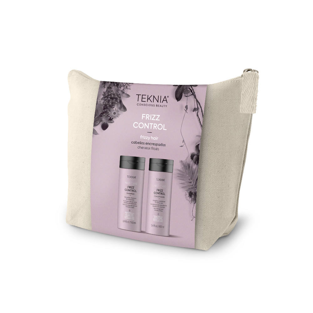 Kit de viaje Frizz Control + Neceser Edición Limitada de Teknia (31,86 euros). Pack de viaje con productos profesionales para el pelo. Incluye champú Frizz Control 100 ml, Acondicionador Frizz Control 100 ml y neceser de algodón.