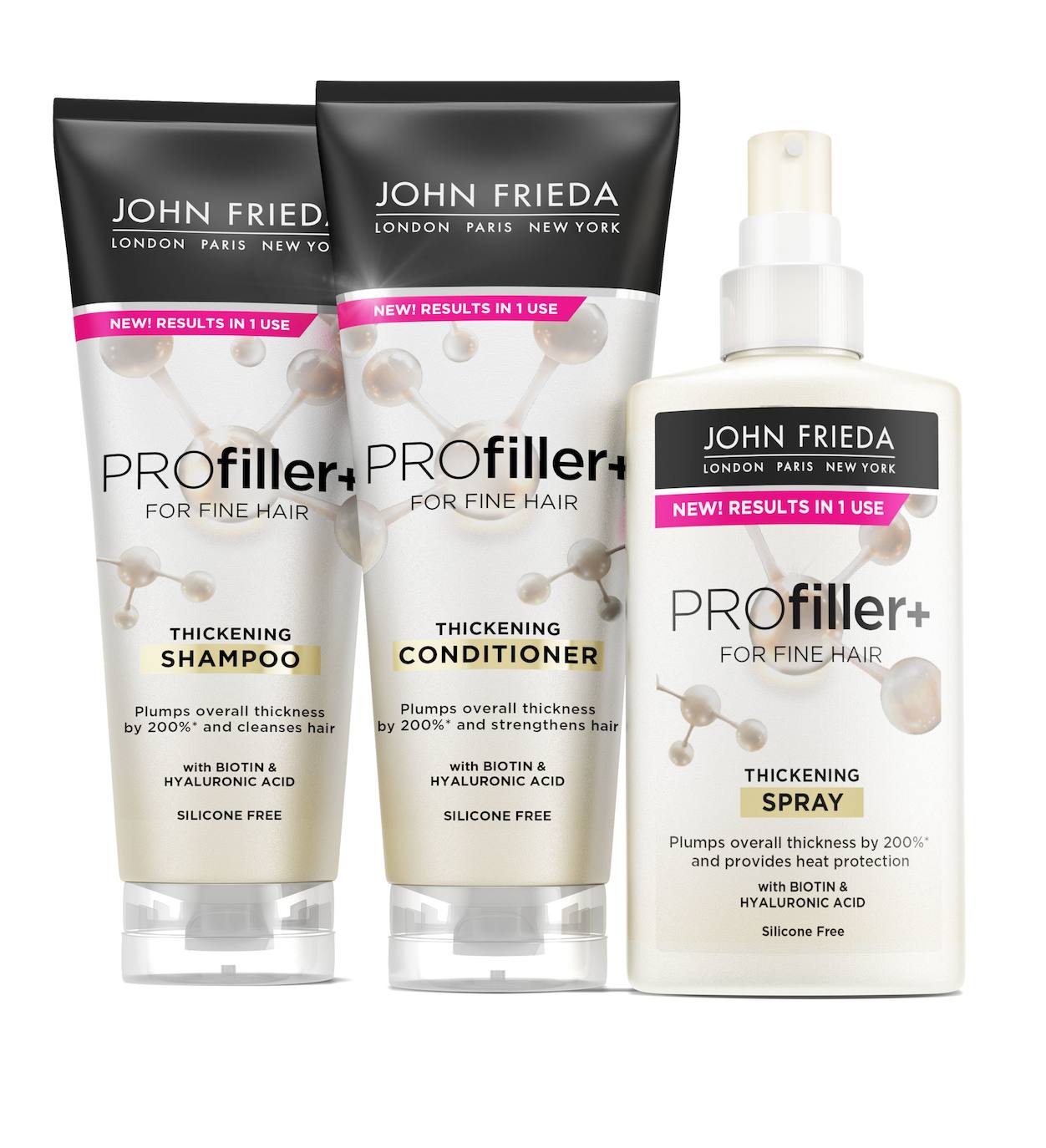 Set Profiller+ de John Frieda (29,90 €). Set para el cuidado del cabello fino, cuya fórmula se inspira en los cuidados de la piel. Incluye el champú, el acondicionador y el Spray Texture Building Network que proporciona protección térmica. 