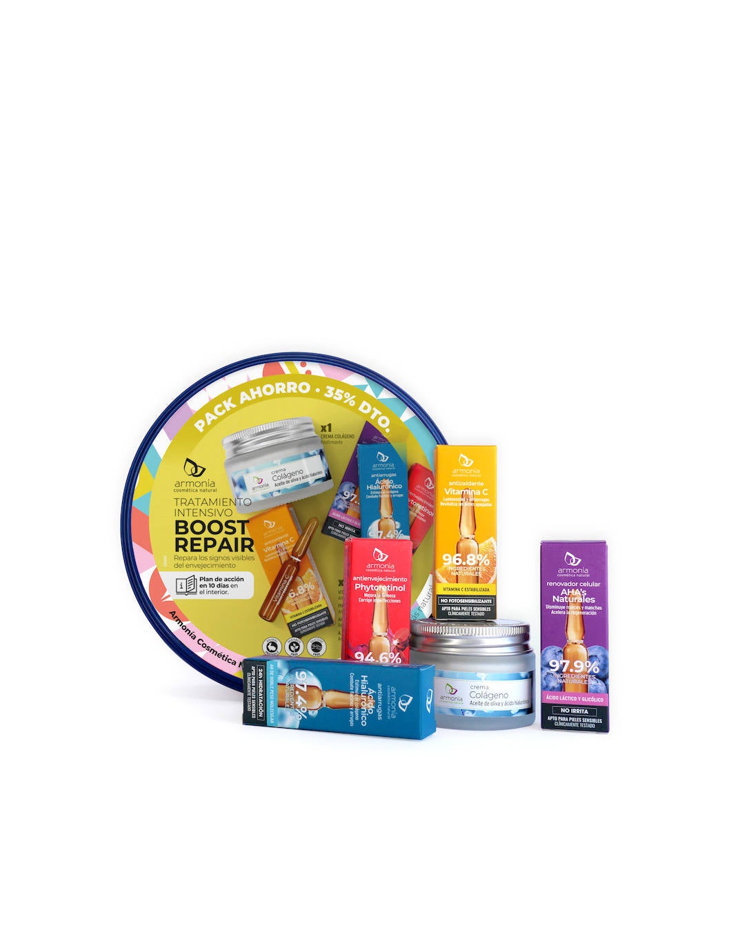 Tratamiento intensivo Boost Repair de Armonia Cosmética Natural (19,80 euros). Dentro de una lata retro que podrás reutilizar está incluida una cura intensiva de 10 días, compuesta por una crema de colágeno y 10 ampollas faciales de esta firma española de cosmética bio. 