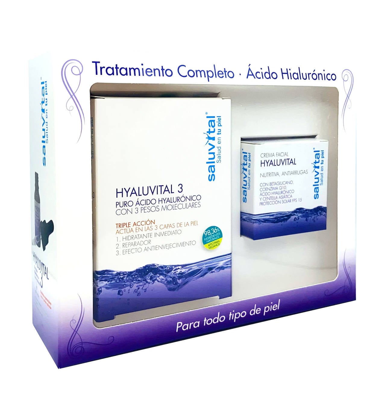 Set de Ácido Hialurónico de Saluvital (22,50 euros). Incluye el sérum HYALUVITAL 3 Ácido Hialurónico (15 ml) y la Crema Facial Hyaluvital (50 ml), que se presentan en un estuche navideño perfecto para regalar o regalarse.