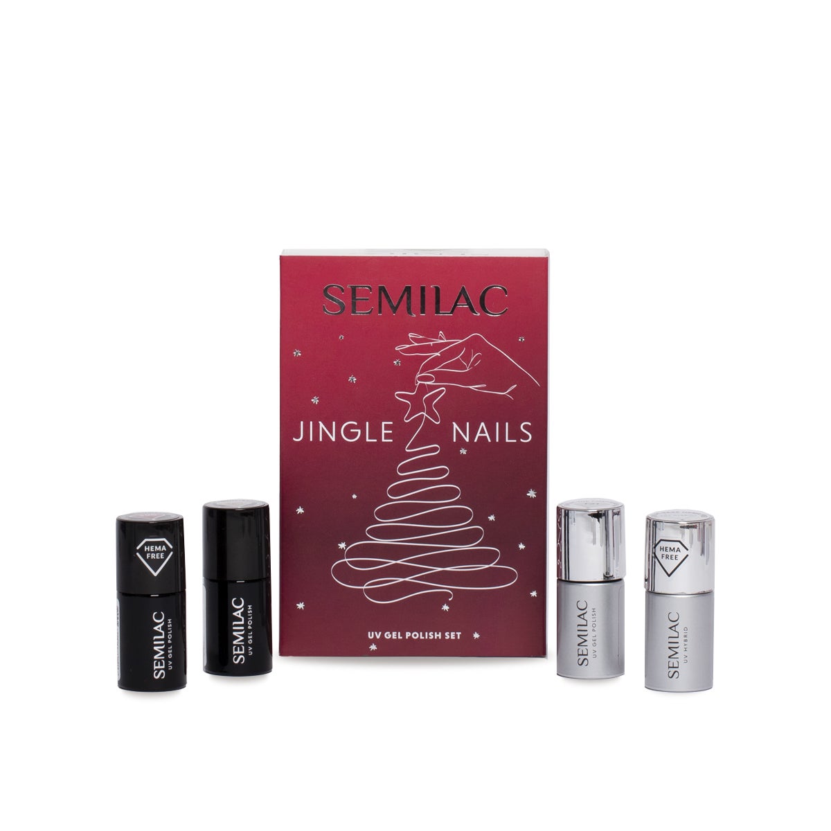 Set Jingle Nails de Semilac (29,90 euros). Un set para unas uñas brillantes que mezcla los bestsellers con una novedad: un esmalte en un tono rojizo jugoso con el nuevo acabado Day&Night de Semilac.