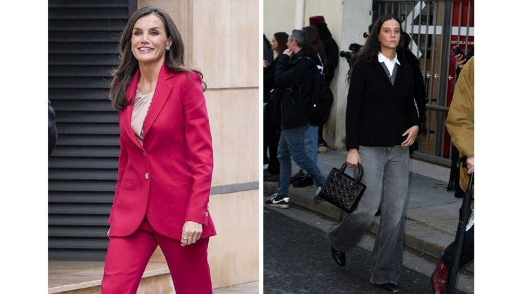 La Reina Letizia con traje de chaqueta fucsia y Victoria Federica durante la Alta Costura de París