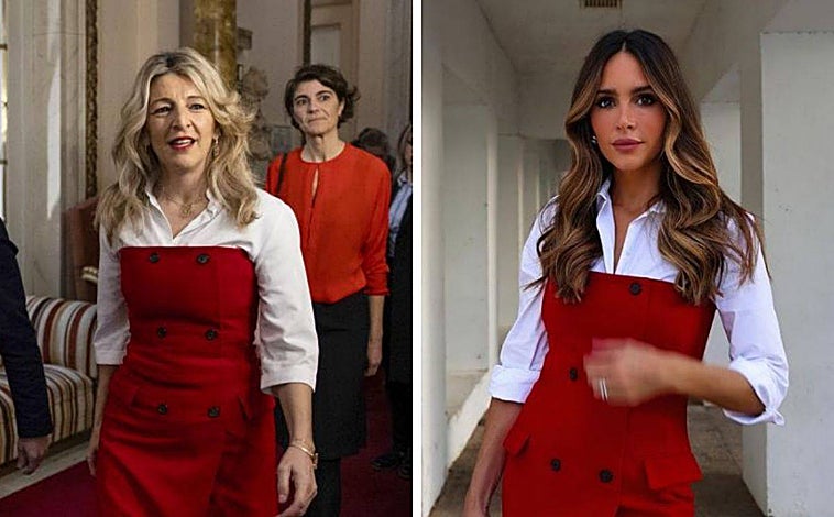 Imagen principal - Yolanda Díaz y Rocío Osorno con el mismo vestido de Zara combinado con camisa blanca