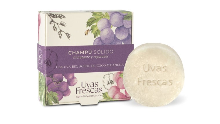 Champú sólido hidratante y reparador con uva bio, aceite de coco y camilia de Uvas Frescas.