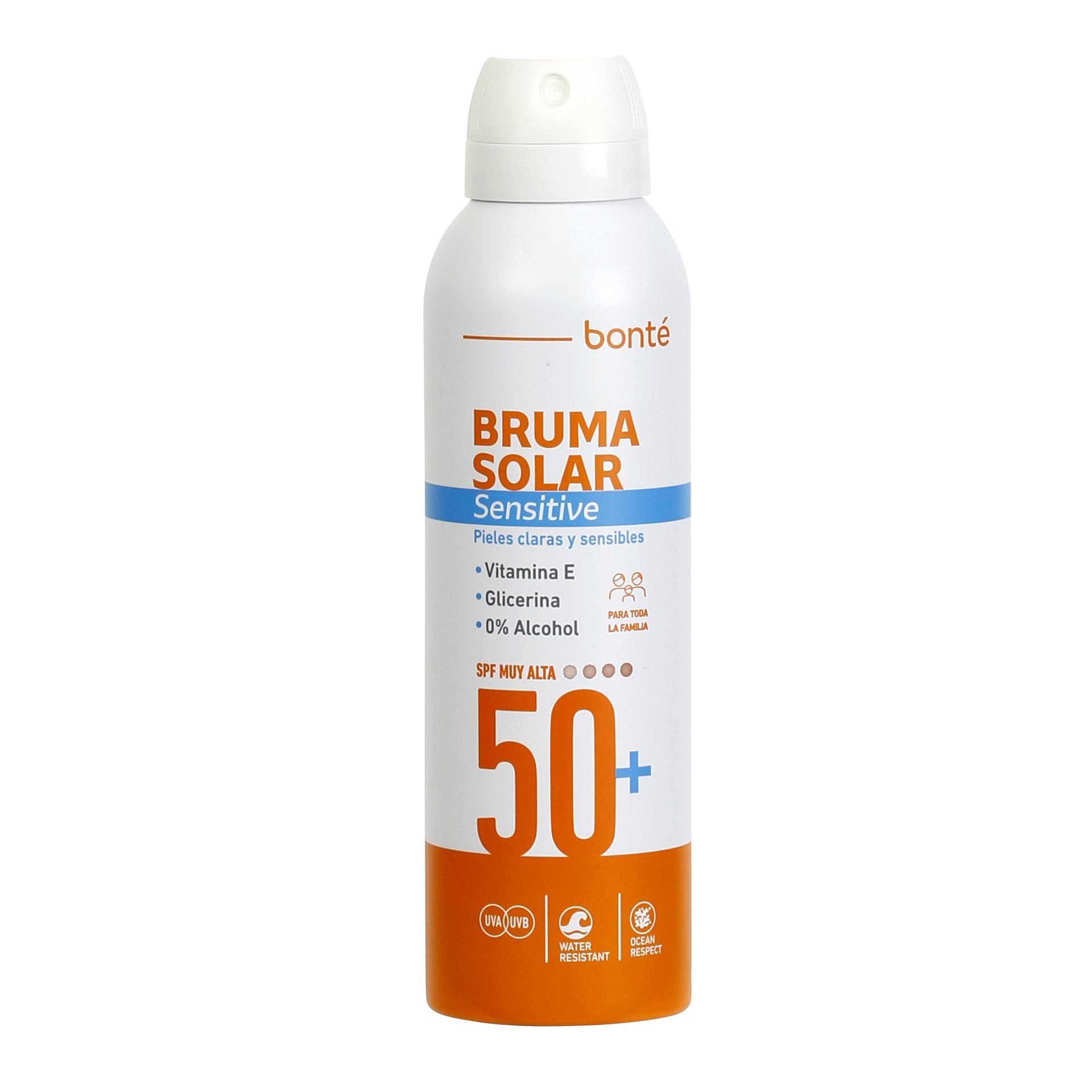 Bruma solar Sensitive 50+ bonté de Clarel. Formulada con una combinación de filtros solares de amplio espectro que protegen de la radiación solar y previenen el envejecimiento prematuro de la piel. Fórmula enriquecida con vitamina E y glicerina, sin alcohol. Su precio: 11,59 euros.