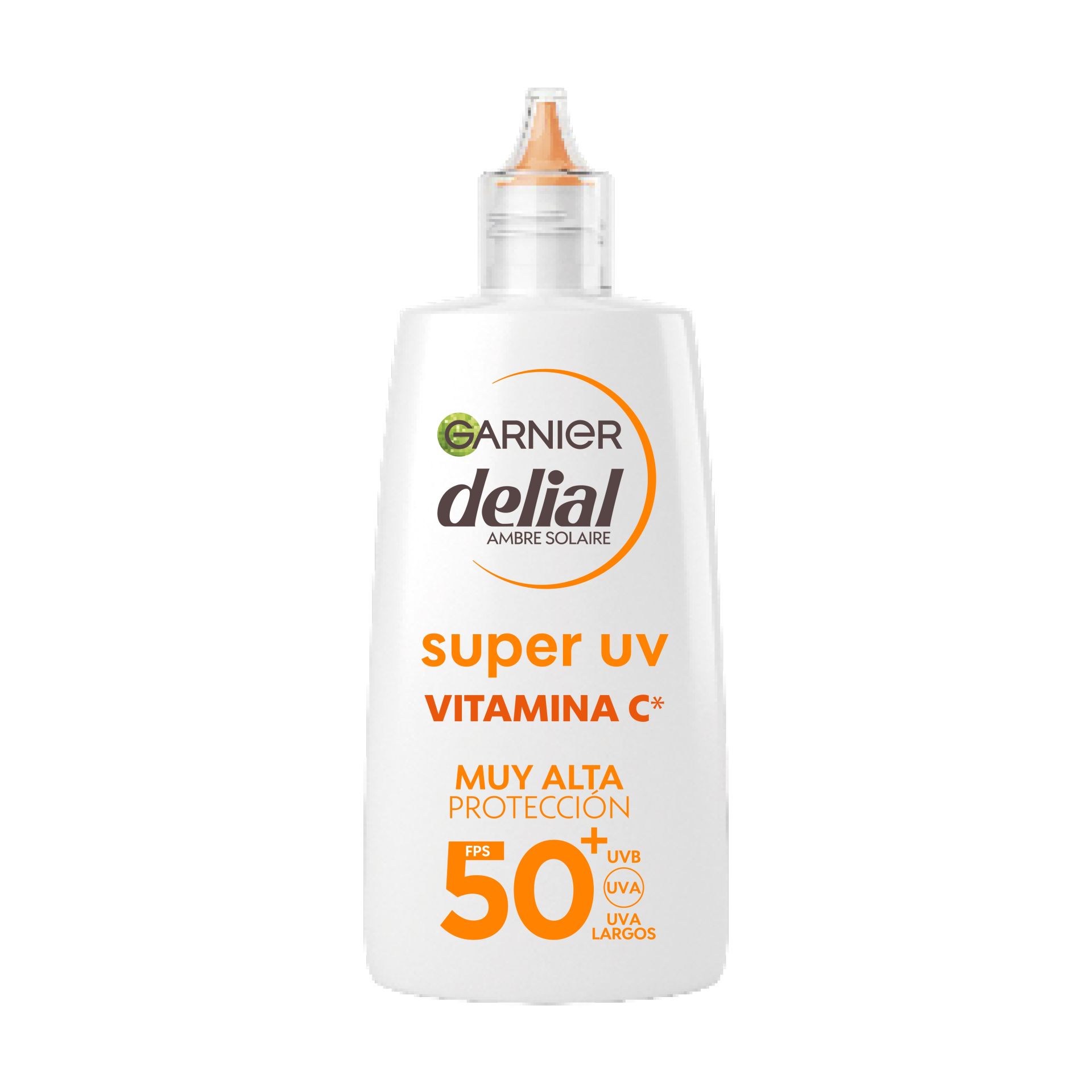 Delial Super UV Vitamina C SPF 50+ de Garnier. Esta fórmula ofrece un espectro amplio de protección frente a los rayos UVB, UVA y UVA largos, potenciada por un complejo de un 3% de glicerina, vitamina E y vitamina Cg. Previene la hiperpigmentación (manchas oscuras), realza la luminosidad y corrige el tono irregular. Este fluido ultraligero de muy alta protección se absorbe al instante. Además, su acabado invisible no es graso,pegajoso, ni deja residuos blancos, resultando perfecto bajo el maquillaje. Su precio: 10,90 euros.