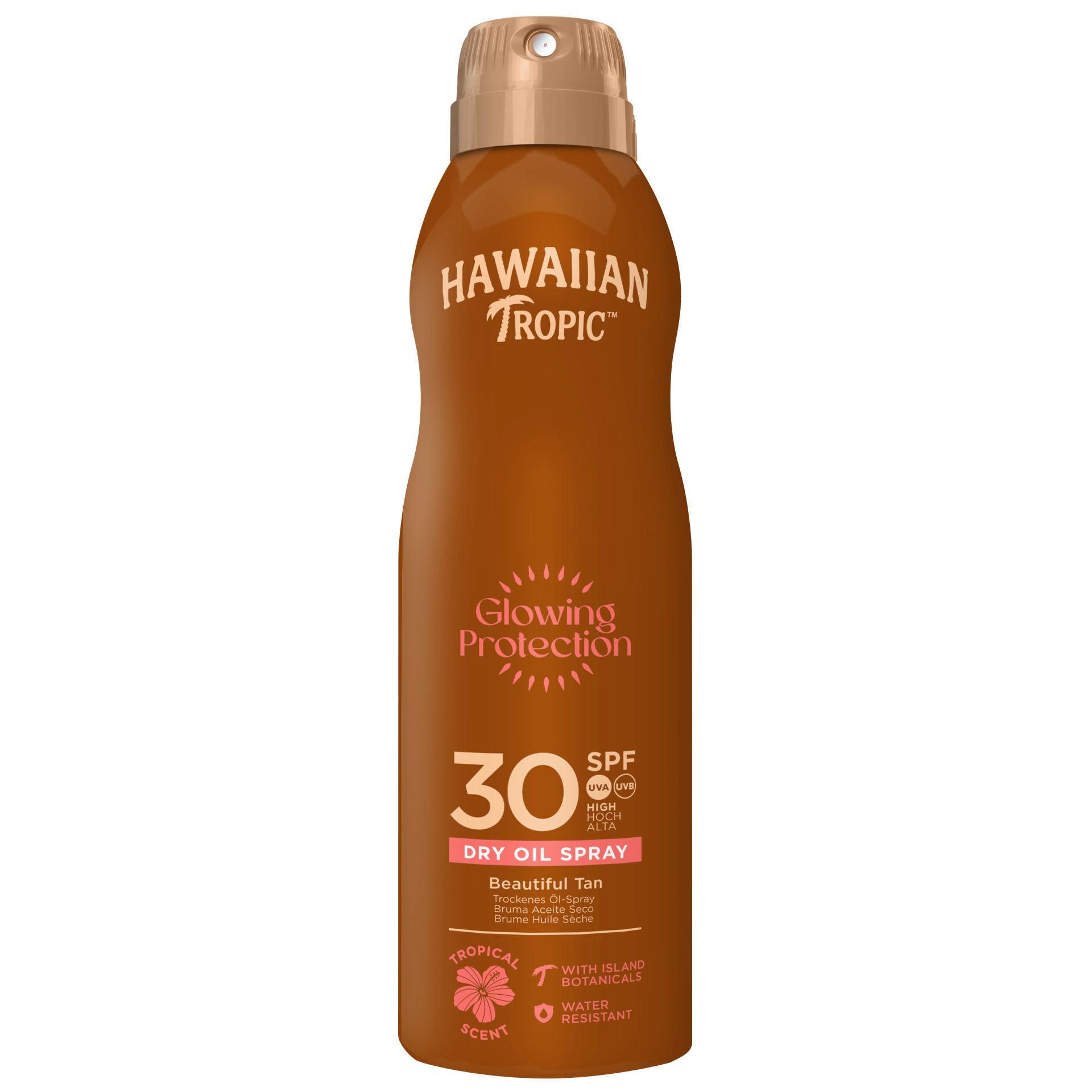 Aceite Solar Protector en Bruma Glowing Protection SPF 30 de Hawaiian Tropic. Ofrece una protección eficaz contra los rayos UVA/UVB mientras hidrata la piel. Este aceite de rápida absorción y no graso está fusionado con coco, mango y guayaba, proporcionando una experiencia sensorial única con la clásica fragancia de coco de Hawaiian Tropic. Su precio: 8,33 euros en El Corte Inglés.