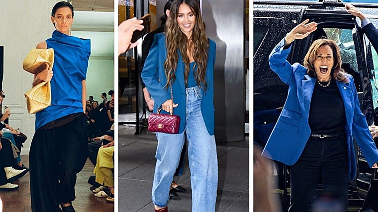 Desfile de The Row de primavera-verano 2024, la actriz Jessica Alba y la política estadounidense Kamala Harris, ambas con americanas de color azul fuerte