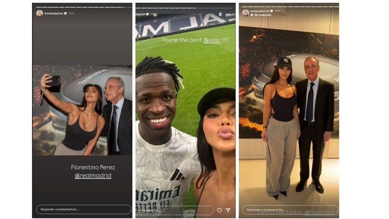 Kim Kardashian junto a Vinicius y Florentino Pérez en su visita al Bernabéu