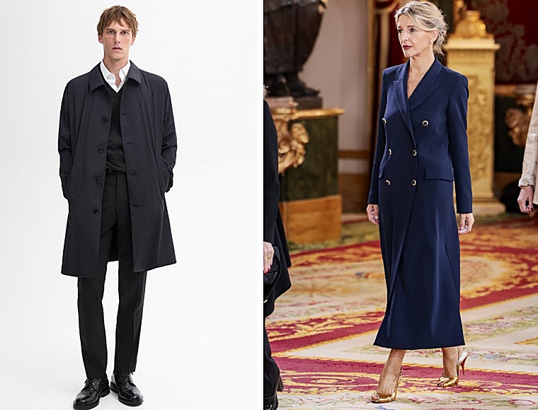 Gabardina para traje, de Massimo Dutti. Yolanda Díaz, con vestido-abrigo que lució sin protección en la calle y después, en la recepción del Palacio Real con motivo del Día de la Hispanidad.