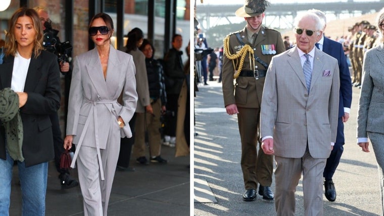 Victoria Beckham y Carlos de Inglaterra con traje gris claro, tal y como manda la tendencia