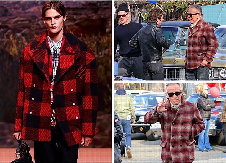 Look de desfile de Louis Vuitton hombre para otoño-invierno 2025, Jeremy Allen White junto a Bruce Springsteen, y el Boss saludando.