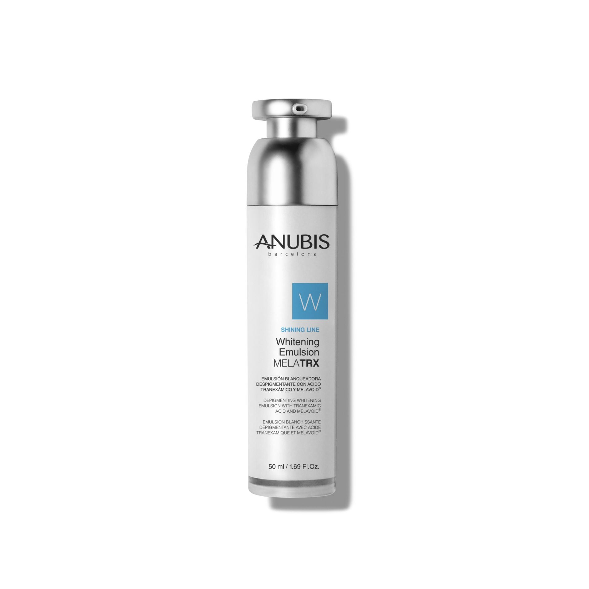  Emulsión Whitening MelaTRX Shining Line de Anubis (51,36 euros). Emulsión blanqueante intensiva de textura ligera y rápida absorción que ayuda a tratar la hiperpigmentación, el tono desigual y las manchas. Contiene ácido tranexámico y Melavoid®, que actúan sobre las manchas y evitan la aparición de nuevas.