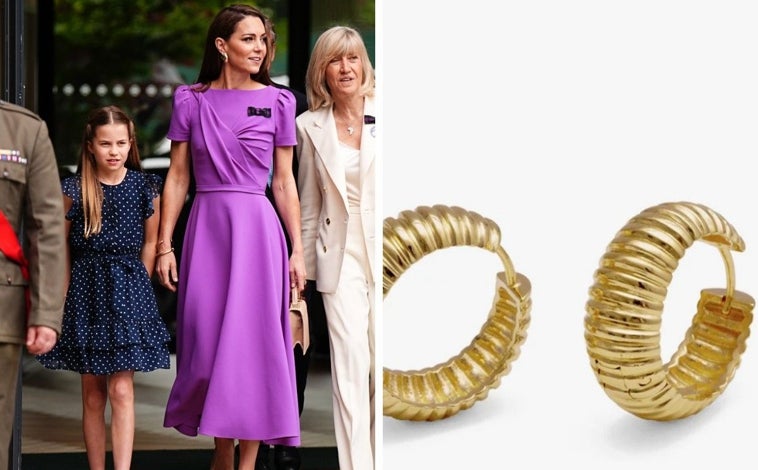 Imagen principal - Charlotte y su madre, Kate Middleton; pendientes (79,90 €), de la firma Sure Jewels;  bailarinas de Topise y vestido de florecitas (54 €), de Ninet & Co.