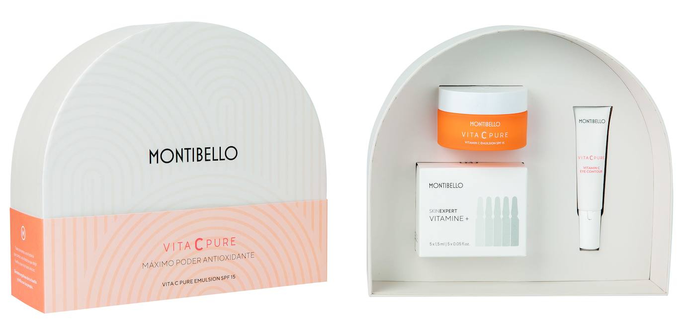 Cofre Vita C Pure de Montibello (74,50 euros). Para aportar una luminosidad extraordinaria y combatir los primeros signos de envejecimiento. Esta línea también ayuda a unificar el tono de la piel, mejorar su textura y protegerla frente a las agresiones ambientales. Incluye la crema Vita C Pure, cinco ampollas Vitamine+ y el contorno de ojos de la línea.