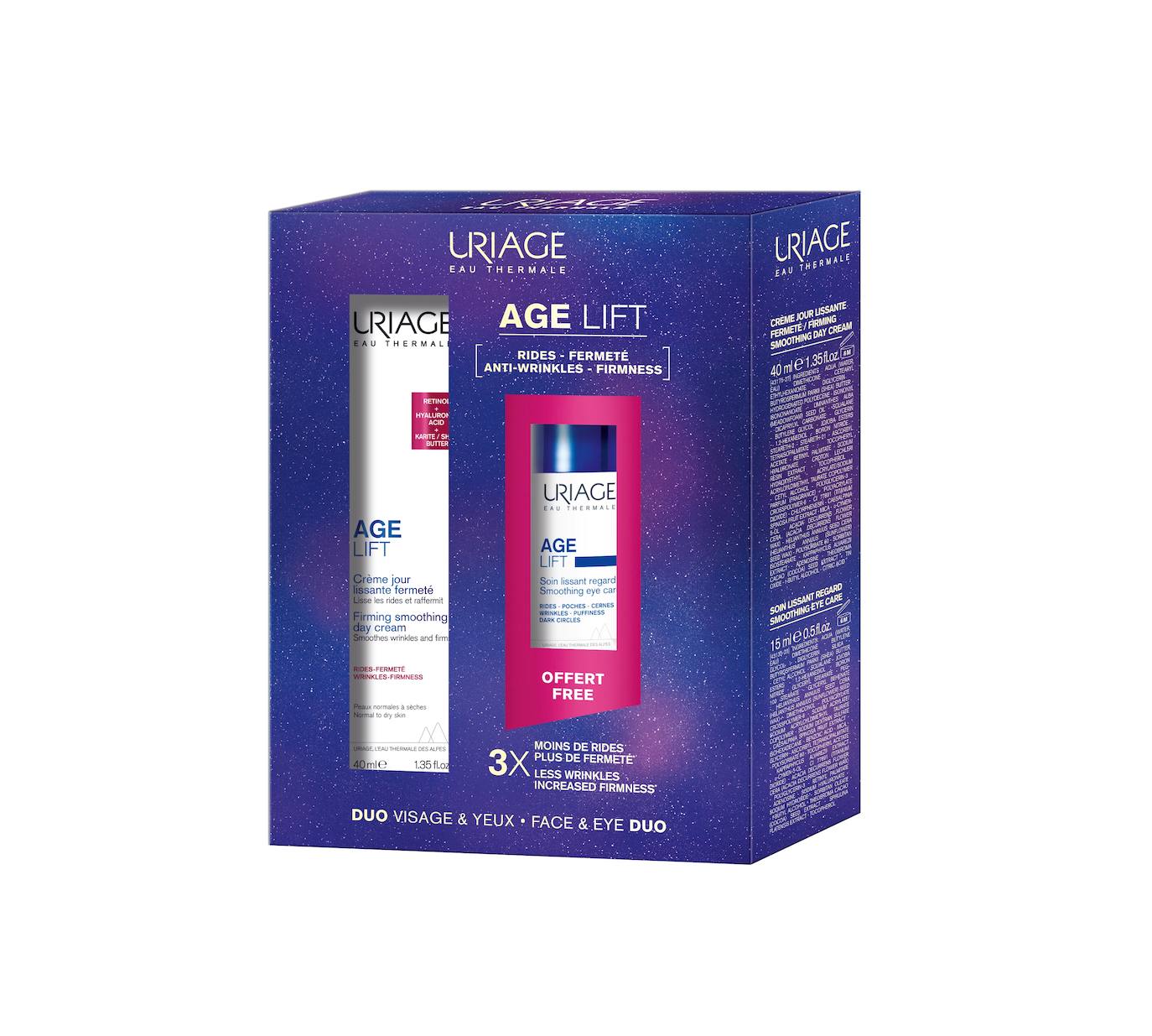 Kit Age Lift Crema de día y contorno de ojos de Uriage (41,10 euros, en farmacias y El Corte Inglés). Age Lift es la primera gama de cuidados de Uriage que actúa sobre los signos de la edad. El pack incluye la crema reafirmante de día, que incluye en su fórmula, retinol, ácido hialurónico y manteca de karité, y el contorno de ojos, que ayuda a mejorar bolsas, ojeras y arrugas de esta delicada zona.