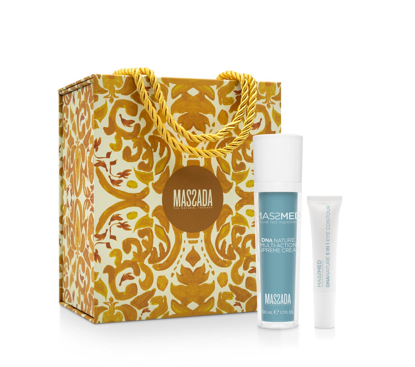 Cofre Massmed DNA Nature de Massada (117,45 euros). Tratamiento a base de biotecnología e ingredientes naturales para actuar sobre los signos del envejecimiento desde el interior de la piel. Su formulación estimula el metabolismo celular, activa la microcirculación y repara el ADN de la piel para dotarla de un aspecto rejuvenecido, uniforme y luminoso. Incluye tratamiento facial DNA Nature Multi-Action Supreme Cream (50 ml) y contorno de ojos DNA Nature 5 In 1 Eye Contour (15 ml).