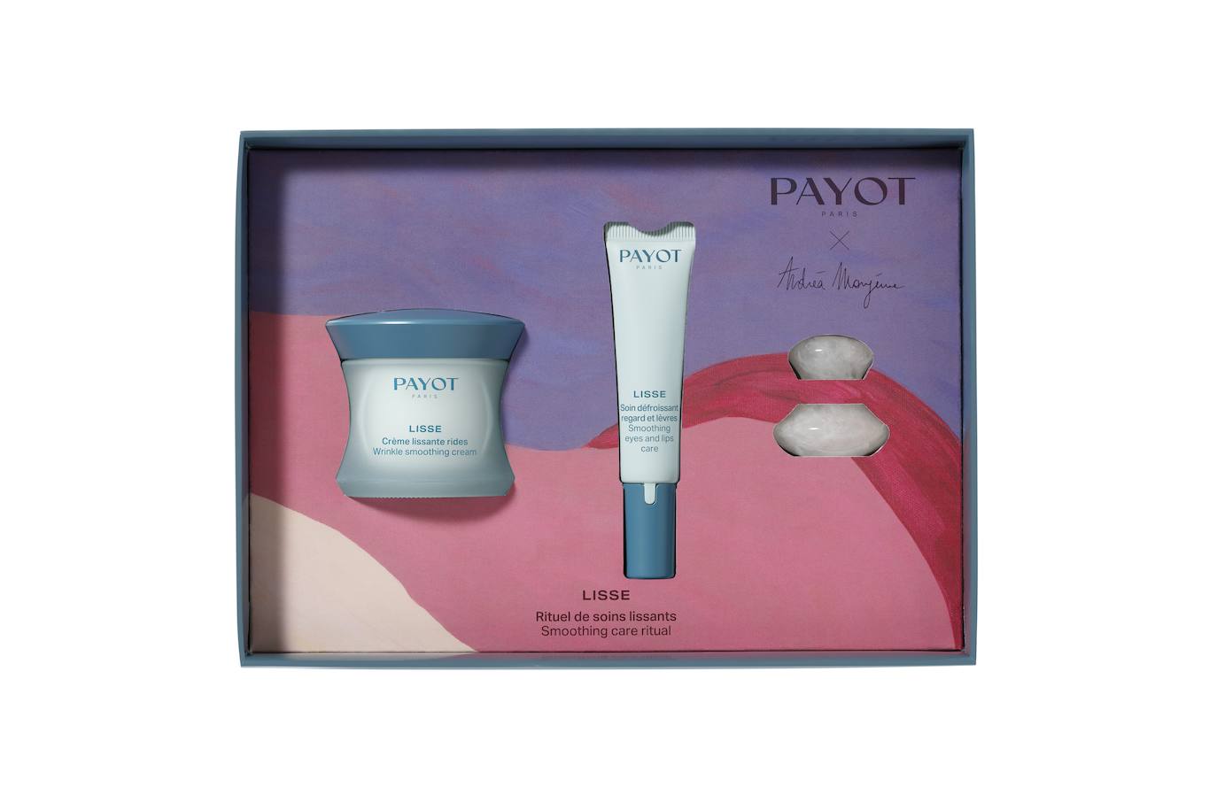 Lisse Xmas Set de Payot (69,50 euros). Un ritual para alisar y rellenar las arrugas y líneas de expresión con una formulación puntera para proteger, compensar y potenciar el ácido hialurónico de cada piel. El set incluye Crème lissante rides de 50 ml, que mejora las arrugas y protege la piel contra las agresiones diarias y la luz azul;  Soin défroissant regard et lèvres (15 ml), un cuidado 2 en 1 para el contorno de ojos y los labios y una piedra de cuarzo rosa, para realizar masajes en el rostro. 