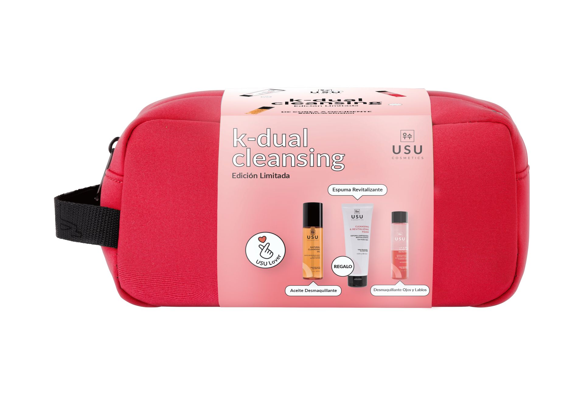 Pack K-Dual Cleansing de Usu Cosmetics (44,23 euros).  Ideal para quien quiera iniciarse en la doble limpieza. Esta técnica es conocida por ser uno de los pasos más importantes de la rutina facial coreana. Incluye sus productos estrella para poder llevarla a cabo: el Aceite Desmaquillante que sería el primer paso de la rutina y el segundo paso de regalo, la Espuma Limpiadora Revitalizante con frutos rojos. Además, también incorpora el Desmaquillante Bifásico para ojos y labios. Y de regalo un bonito neceser. 