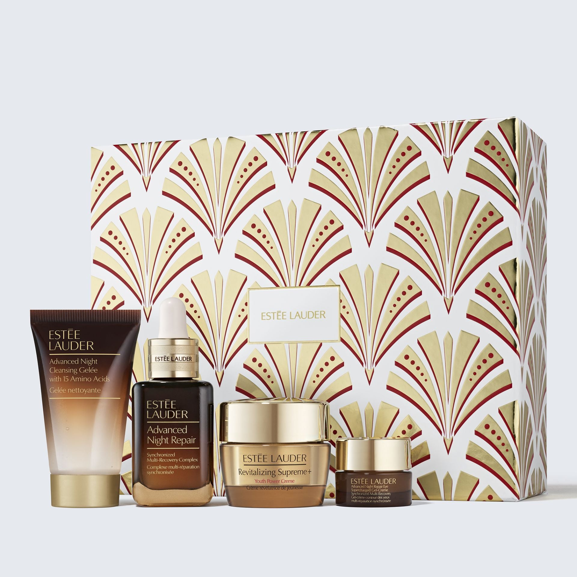 Set The Lift + Glow Routine de Estée Lauder (147 euros). Una rutina completa para una piel más luminosa que incluye el suero de noche Advanced Night Repair Synchronized Multi-Recovery Complex, de 50 ml, el gel limpiador al agua Advanced Night Cleansing Gelée, de 30 ml, la hidratante de día y de noche con acción reafirmante Revitalizante Supreme + Youth Power de 15 ml, y  la crema para el contorno de los ojos Advanced Night Repair Eye Supercharged Gel-Creme Synchronized Multi-Recovery de 5 ml. 