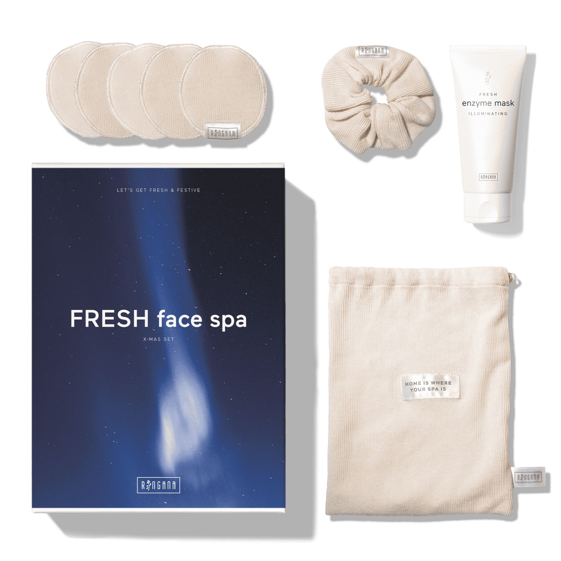 FRESH face spa xmas set de Ringana (56,90 euros). El set incluya la mascarilla facial Fresh Illuminating enzyme, con enzcimas naturales de papaya, kiwi y piña, más 5 discos de algodón reutilizables, el scrunchie Ringana y una bolsita a juego para guardarlos. 