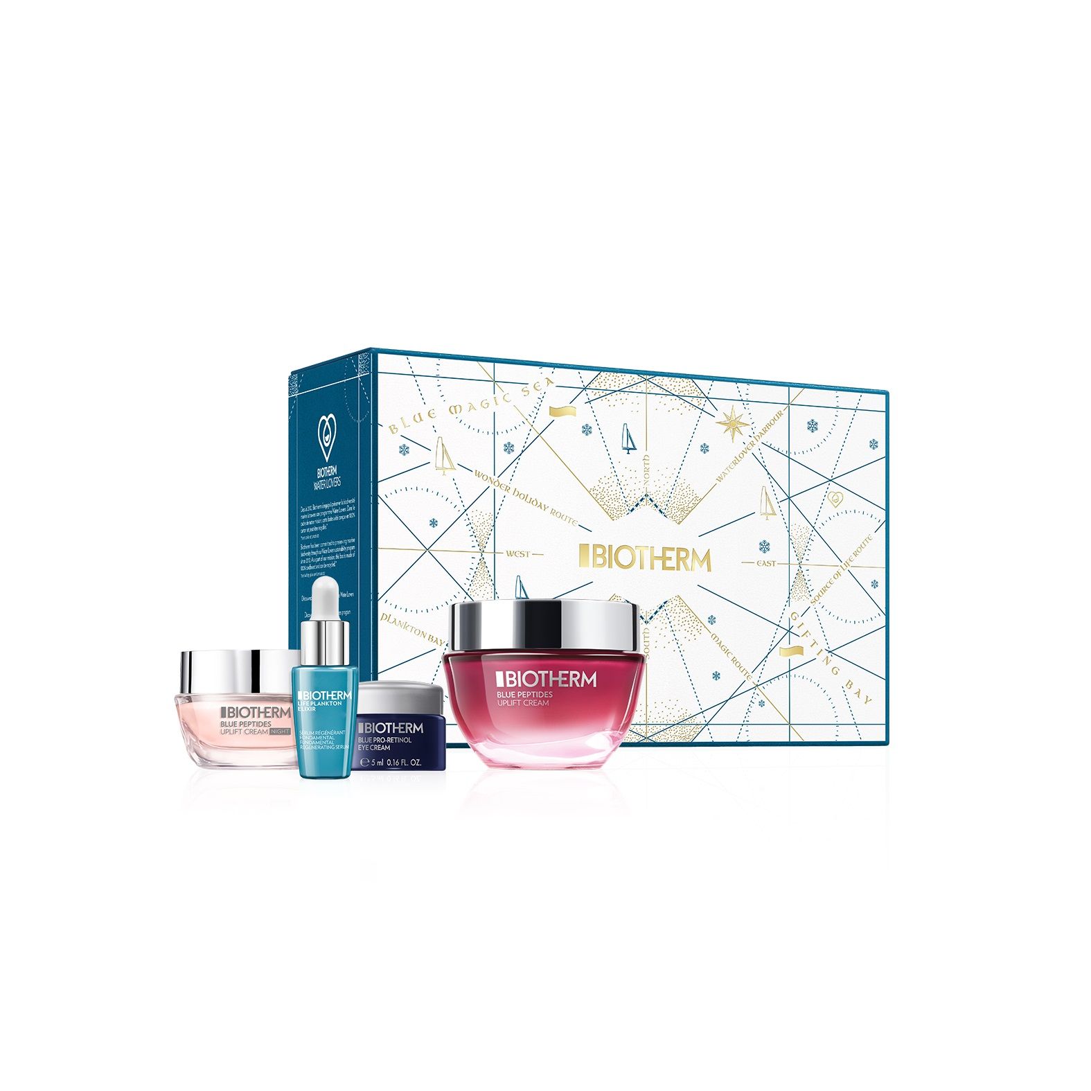 Biotherm Cofre Blue Peptide (83 euros). Incluye la crema Blue Peptides Uplift SPF30, formulada para redefinir el rostro y reducir las arrugas, en 50 ml, y de regalo mini tallas de Blue Peptide Uplift Night Cream (15 ml), Life Plankton Elixir (7 ml) y el contorno de ojos Pro-retinol Firming Eye Cream (5 ml).