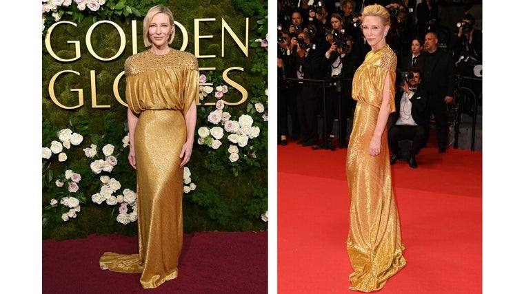 Cate Blanchett con su modelo de Louis Vuitton en los Globos de Oro y en Cannes