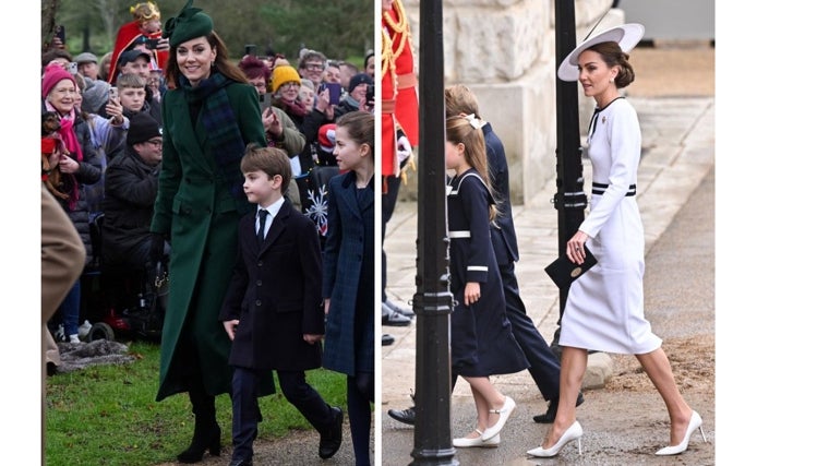 Kate Middleton, on Christmas Day, in a green Alexander McQueen coat and in June, in a dress that resembles that of My Fair Lady