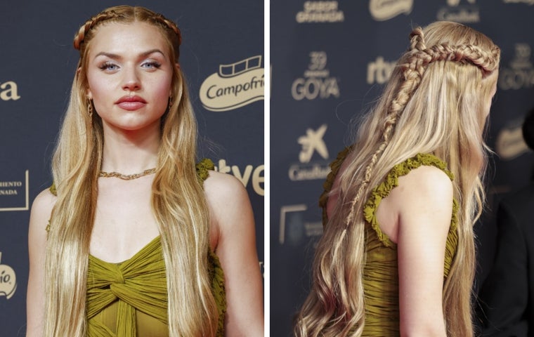 Mirela Balic con trenzas en la alfombra roja de los Goya.