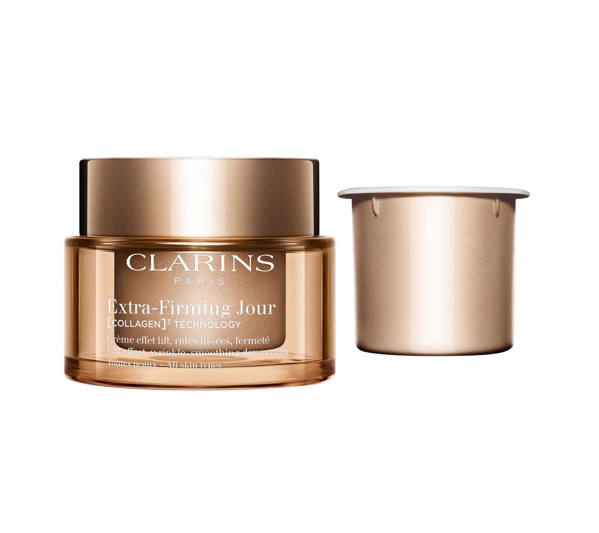 Extra Firming Jour de Clarins (105 €). Crema de día antiedad de acción global con una tecnología de triple colágeno que ayuda a combatir la pérdida de firmeza de la piel. La fórmula se completa con niacinamida, que mejora la textura y la luminosidad, extracto de datilero del desierto bío, que unifica el tono, azúcares de avena bio, con efecto tensor, además de manteca de karité bio que hidrata y aporta confort. Tampoco falta el complejo anticontaminación formado por tres extractos: marrubio blanco bío, lámpsana y furcellaria.