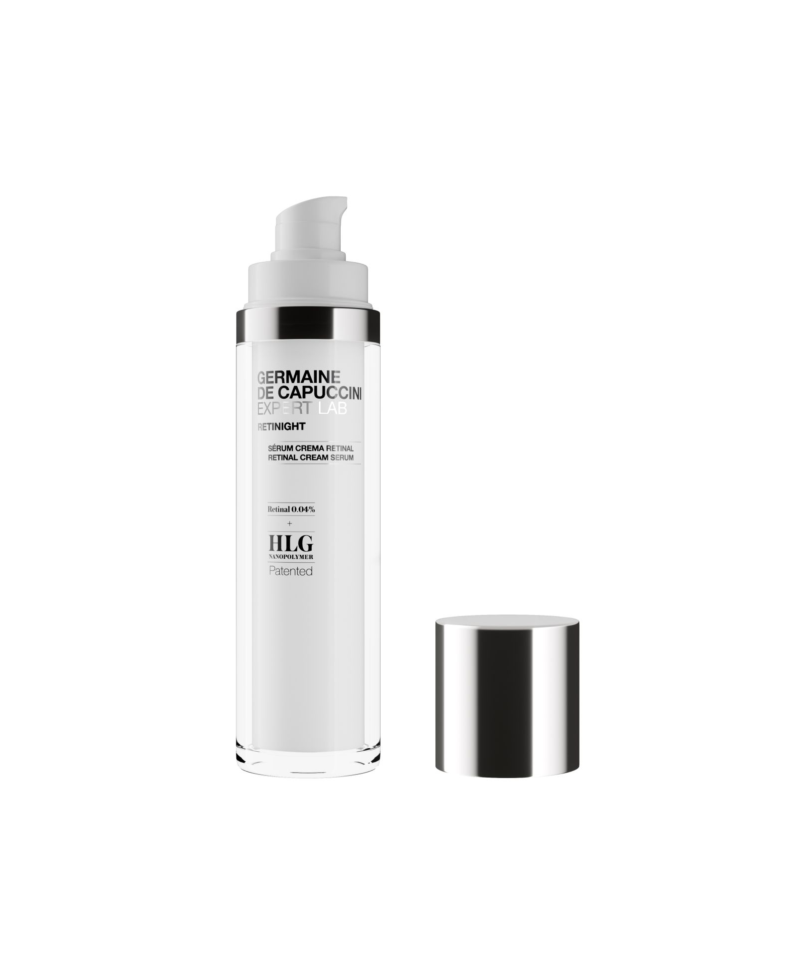 Retinight de Germaine de Capuccini (80 €). Sérum en crema formulado con un 0,04% de Retinal y un 91% de ingredientes de origen natural. Combate los signos visibles del envejecimiento, mejorando la firmeza, la luminosidad y la textura de la piel, además de hidratar y prevenir la aparición de manchas. Incluye, además del retinal, una combinación de lípidos esenciales, extracto de regaliz y nanopolímero patentado de ácido hialurónico y ácido poliglutámico.