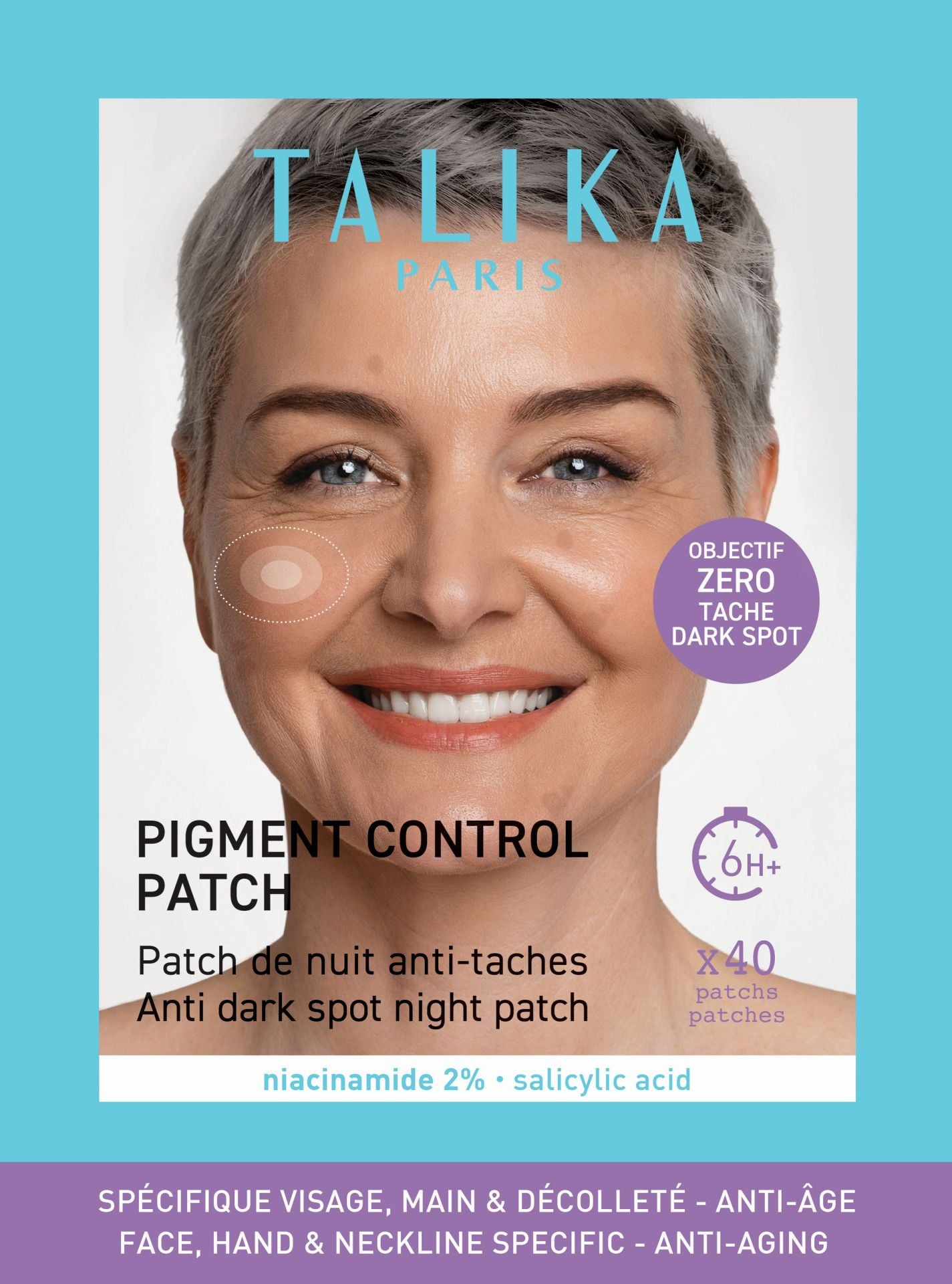 Pigment Control Patch de Talika (21 €, 40 parches). Pache de noche con tecnología «hidrocoloide» enriquecido con niacinamida y ácido salicílico que atenúa las manchas del sol y la edad. En su fórmula hay niacinamida al 2%, que actúa sobre la hiperpigmentación, y ácido salicílico, que ayuda a eliminar las células que producen el exceso de melanina acumulada en la superficie de la piel. El parche se aplica sobre la piel limpia, preferentemente por la noche, dejándolo actuar al menos 6 horas.