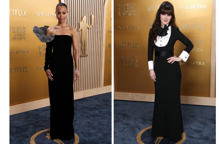 Zoe Saldaña (Saint Laurent) y Zooey Deschanel (Armani vintage) con dos vestidos negros esculturales en los premios SAG.