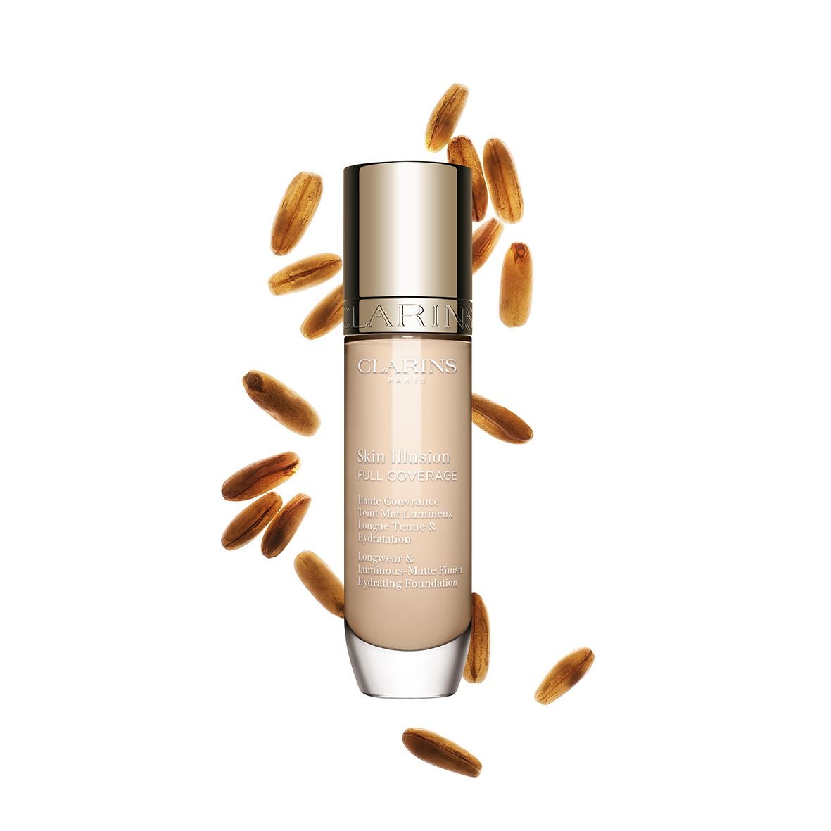 Base de maquillaje Skin Illusion Full Coverage de Clarins (53 euros). Un fondo de maquillaje de alta cobertura, sin efecto máscara, que atenúa los brillos para un acabado mate luminoso. En su fórmula, ingredientes activos que mejoran la piel como el ácido hialurónico de bajo peso molecular que hidrata y rellena, el gluconato de zinc que controla los brillos y purifica, el micropatch vegetal que actúa como una capa aislante y el complejo anticontaminación de la marca que protege frente a la luz azul y la contaminación.