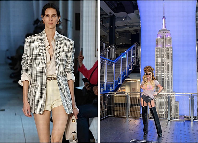 Look de primavera-verano 2025, de Ami Paris, y la cantante Kesha frente al Empire State de Nueva York en la presentación de su nuevo disco.