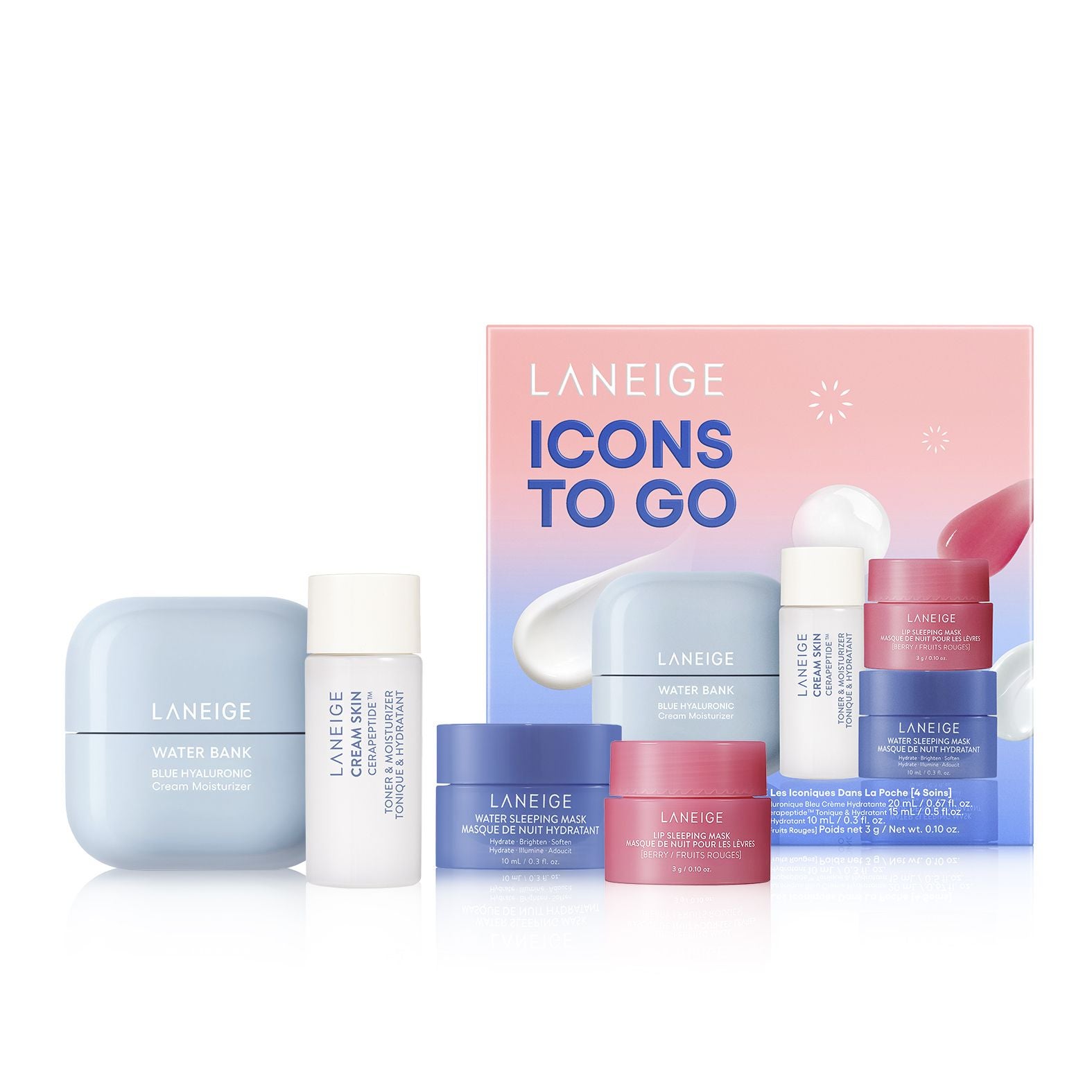 Icons To go de Laneige (24,99 euros, solo en Sephora). Este kit contiene todo lo necesario para mantener la luminosidad natural de la piel: la Crema Skin Cerapeptide™ Toning & Hydrating Lotion 15ml (tonificante e hidratante), la Crema Hidratante Water Bank con Ácido Hialurónico Azul 20ml (que refuerza la barrera cutánea), la Mascarilla Dormir Agua con Probióticos 10ml (mascarilla nocturna para el rostro formulada con un complejo derivado de probióticos y escualeno para reavivar la luminosidad de la piel cansada) y la Mascarilla Dormir Labios con Bayas 3g  mascarilla nocturna para los labios rica en antioxidantes, vitamina C y aceite de coco que exfolia e hidrata suavemente).