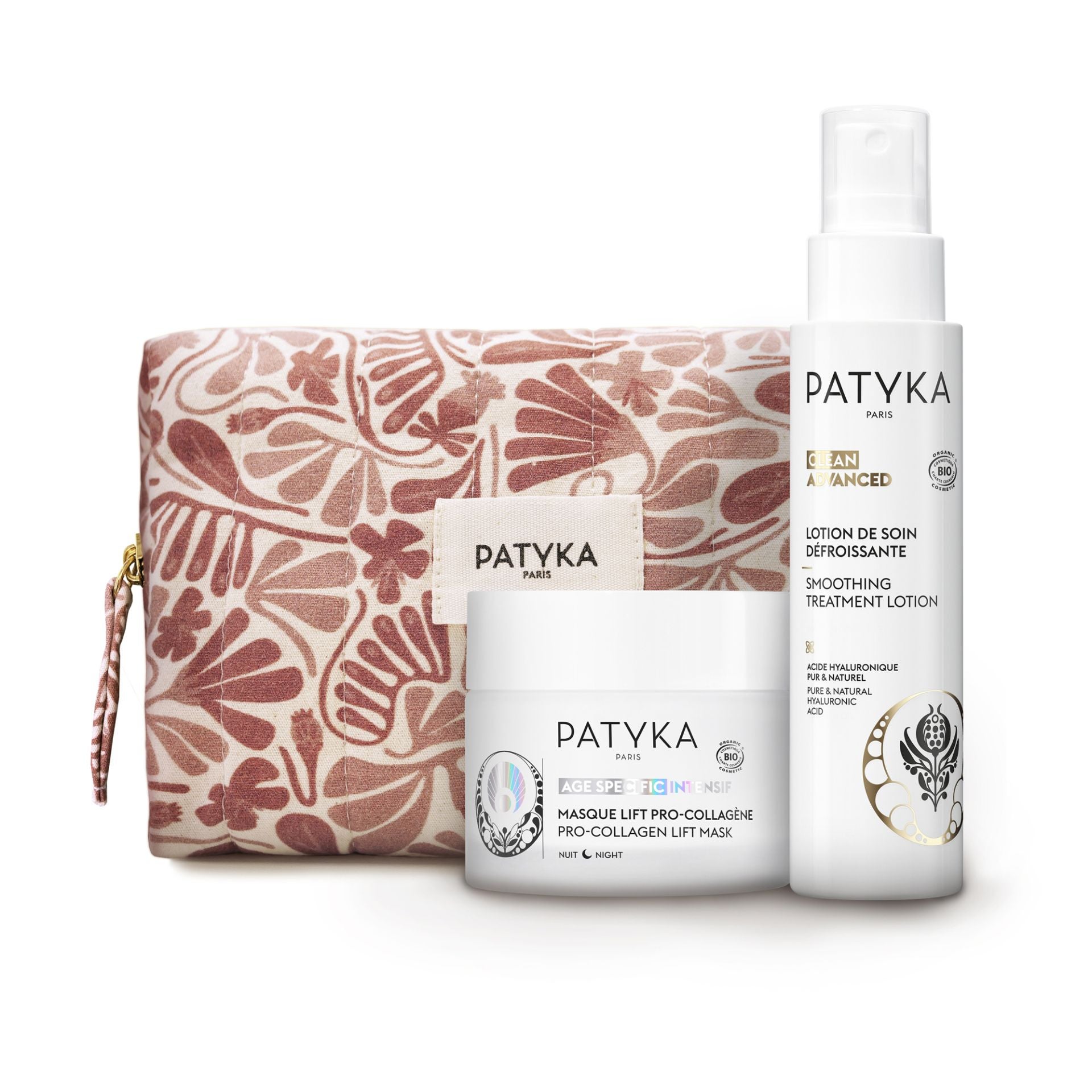Ritual Experto Antiedad de Patyka (72,90 euros). Dentro de este neceser de viaje se incluye la mascarilla Lift Pro-Colágeno de la gama Age Specific Intense, un tratamiento nocturno de efecto reafirmante, y la loción de tratamiento alisante de la gama Clean Advanced, una bruma que se aplica como primer paso de tratamiento para proteger y alisar la piel.