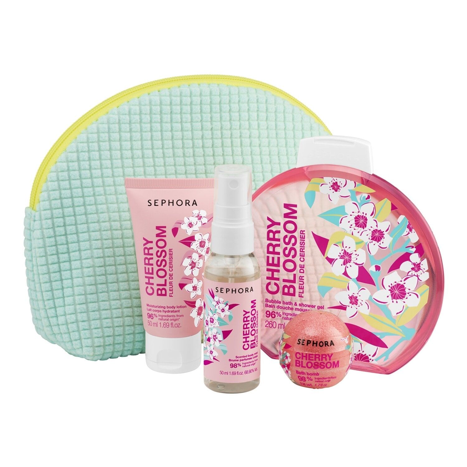 Set Primavera en flor de Sephora Collection (26 euros, solo en Sephora). Este set de regalo contiene cuatro productos esenciales para el baño, delicadamente perfumados con flor de cerezo (una loción corporal, una bruma perfumada, una bomba de baño y un gel de ducha), y todo ello presentado en un bonito y colorido estuche primaveral.